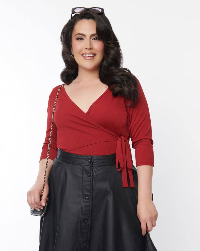 Front of a model wearing a size 2X Unique Vintage Burgundy Surplice Bodysuit in Burgundy by Unique Vintage. | dia_product_style_image_id:315250